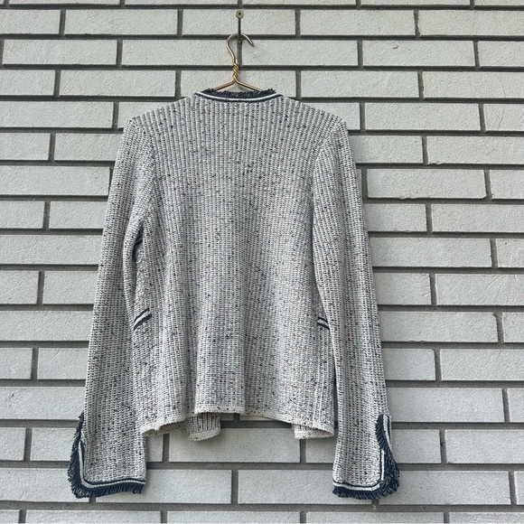 NIC+ZOE Fringe Trim Open Front Textured Knit Jacket Medium Charcoal Cream - Picture 8 of 8